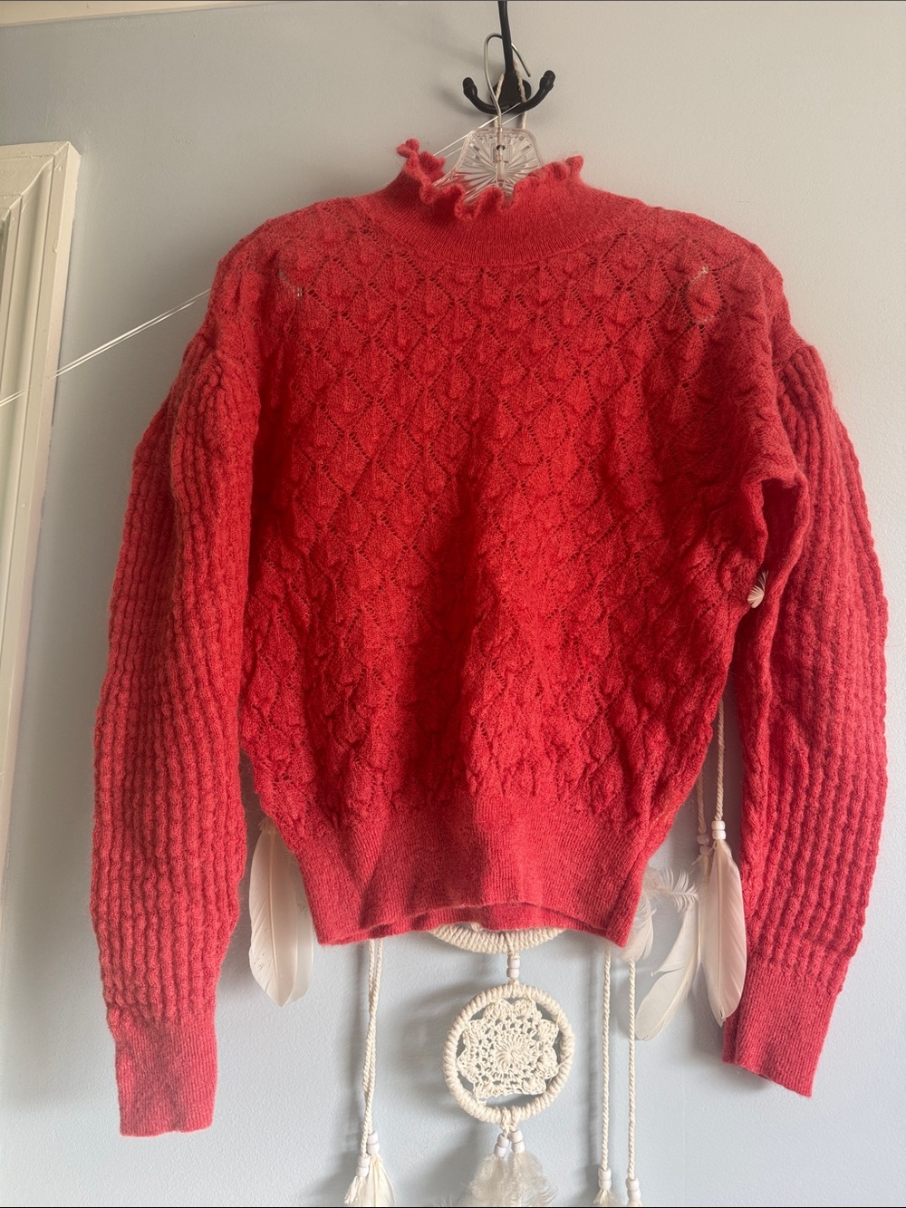 Women's Red Cable-Knit Ruffled Mock Neck Sweater